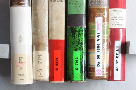 Bild 1: Bücher mit selbstklebenden Signaturschildern beklebt.